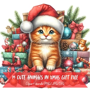 May include: A watercolor illustration of a ginger kitten wearing a Santa hat, sitting atop a pile of Christmas gifts. The gifts are wrapped in various colors and adorned with bows, ornaments, and candy canes. Text reads "15 Cute Animals in Xmas Gift Pile".