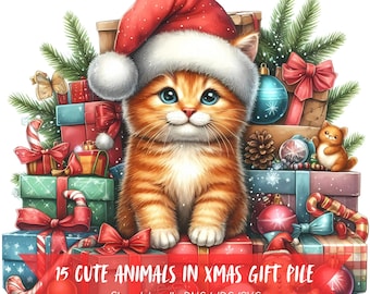 Cute Animals In Xmas Gift Pile Clip Art Bundle, Watercolor Images, Transparent Background, High Quality Digital Download, Commercial Use