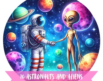 Astronauts And Aliens Clipart Bundle, Watercolor Space Graphics, Transparent Background Handshaking Images, 300 DPI sci fi Neon Digital Art
