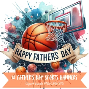 Paquete de imágenes prediseñadas de pancartas deportivas para el Día del Padre, gráficos con fondo transparente de acuarela, imágenes de baloncesto y fútbol de 300 DPI, arte digital PNG