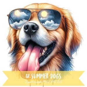 May include: A golden retriever dog wearing sunglasses with a blue sky and clouds reflected in the lenses. The dog has its tongue sticking out and is looking to the side. The image is a digital illustration.