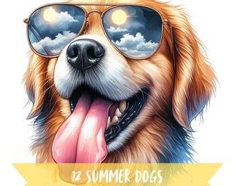 Summer Dogs Clipart Bundle, Watercolor Sunglasses Graphic, Transparent Background Floatie Images, 300 DPI Cute Animal Sunny Digital Art PNG