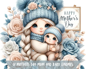 Mother And Baby Gnomes Clipart Bundle, Happy Mothers Day Transparent Background Graphic, 300 DPI Cute Daughter Images, Mom Digital Art