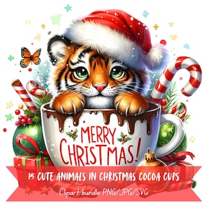 May include: A cute tiger wearing a red Santa hat sits in a white cocoa cup with a red and green candy cane and the words "Merry Christmas!" on the side.