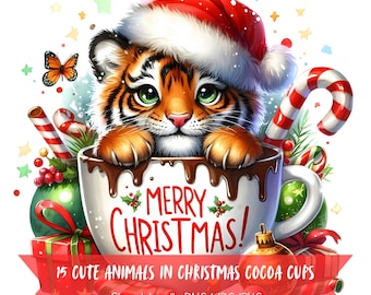 Cute Animals In Christmas Cocoa Cups Clipart Bundle, Watercolor Images, Merry Christmas High Quality Art, Commercial Use Digital Pack