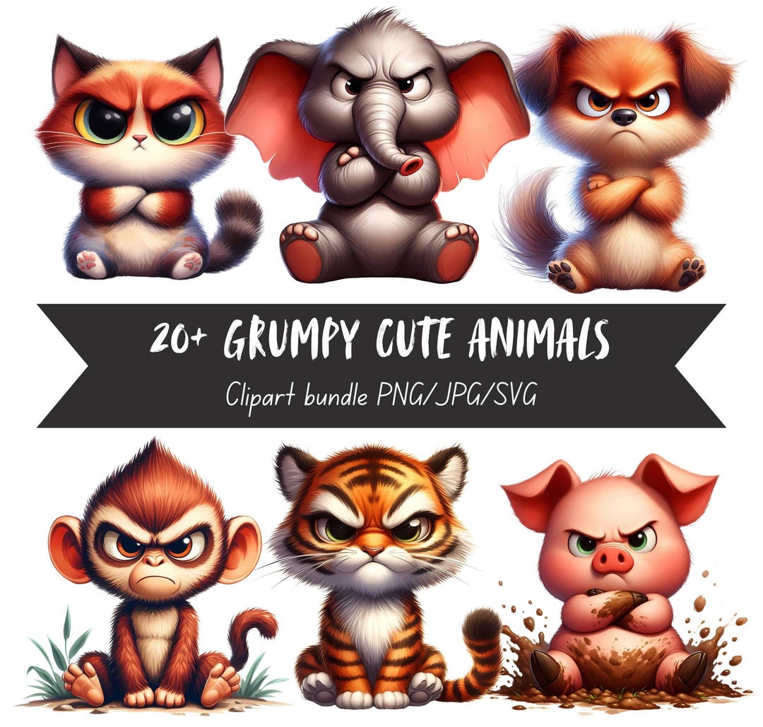 Cute Grumpy Animals Clipart Bundle, Watercolor Animal Clip Art Images ...
