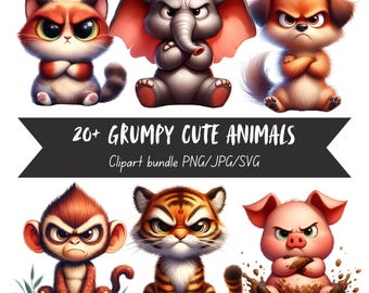 Cute Grumpy Animals Clipart Bundle, Watercolor Animal Clip Art Images, Fun High Quality Images, Adorable Funny Digital Download.