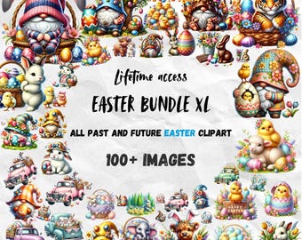 Cute Easter XL Clipart Bundle 100+ Images, Watercolor Easter Clipart Easter Bunny Graphic Chicks Clipart Easter Eggs Clip art Gnomes Easter
