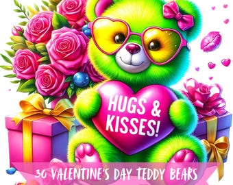 Cute Teddy Bear Clipart Love Art Neon Colors Digital Art Valentine Bears Clipart Valentines Day Teddy Bear Pack PNG Love Cute Graphics Bear
