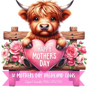 Paquete de imágenes prediseñadas de vaca de las Tierras Altas para el Día de la Madre, lindo gráfico de flor de animal de granja, adorables imágenes de acuarela, arte digital "Te amo, mamá" de 300 DPI