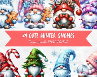 Cute Winter Gnomes Clipart Bundle, Watercolor Images, Adorable High Quality Art, Commercial Use Digital Pack Download, 24 PNG, JPG and SVG