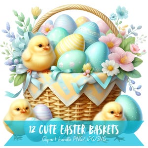 Süßer Osterkorb, Clipart-Bundle, Pastellfarben Küken Grafiken, Aquarell Hase 300 dpi Bilder, transparenter Hintergrund Ei Digital Art
