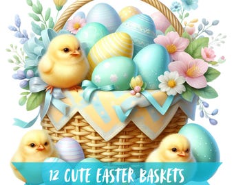 Cute Easter Basket Clipart Bundle, Pastel Color Chicks Graphics, Watercolor Bunny 300 DPI Images, Transparent Background Egg Digital Art
