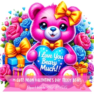 Clipart di orsacchiotto carino Amore Arte Colori al neon Arte digitale San Valentino Orsi Clipart San Valentino Orsacchiotto Pacchetto PNG Amore Grafica carina Orso
