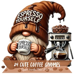 Lindos gnomos de café Clipart Paquete Gráficos de café Gnomos Regalo creativo para amantes del café Paquete de arte Gnomos Café Lindos gnomos PNG Café PNG