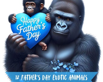 Father's Day Exotic Animals Clipart Bundle, Happy Father's Day Text, Dad Safari Graphics, Transparent Background Baby 300 DPI Digital Art