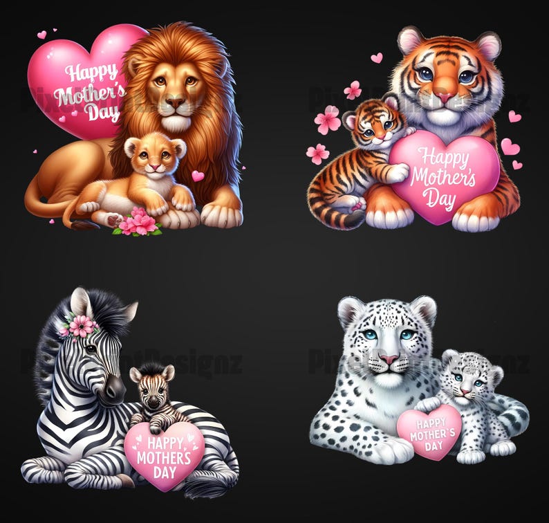 Mothers Day Exotic Animal Clipart Bundle, Cute Mom and Baby Graphic ...