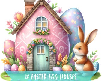 Easter Egg Houses Clipart, Bundle Bunny Home Graphic, Transparent Background Watercolor Images, 300 DPI Festive Colorful Digital Art PNG SVG
