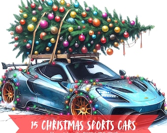 Christmas Sports Cars Clipart Bundle, Watercolor Images, Transparent Background, Digital Download, For Gift Cars, Car Lover, Commercial Use