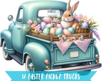 Paquete de imágenes prediseñadas de camioneta de Pascua, camión, imágenes prediseñadas de Pascua, conejito de Pascua, coche, arte digital, imágenes prediseñadas de camión de Pascua, paquete de PNG de huevo de Pascua, coche de Pascua