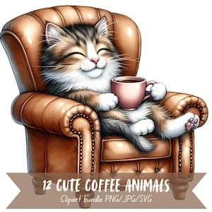 Paquete de imágenes prediseñadas de animales de café, gráficos de zoológico relajantes en acuarela, adorables imágenes con fondo transparente, arte digital PNG SVG de 300 DPI