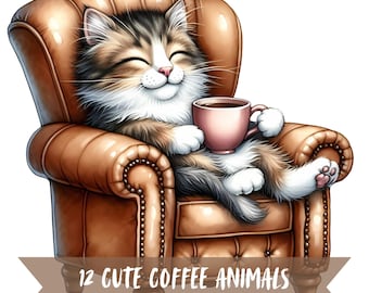 Schattige koffie dieren clipartbundel, aquarel huiveringwekkende dierentuinafbeeldingen, schattige transparante achtergrondafbeeldingen, 300 DPI PNG SVG digitale kunst