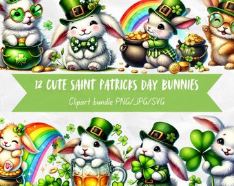 Cute Saint Patricks Day Bunnies Clipart Bundle, Transparent Background, Shamrock Animal Digital Art, Watercolor Images, Commercial Use