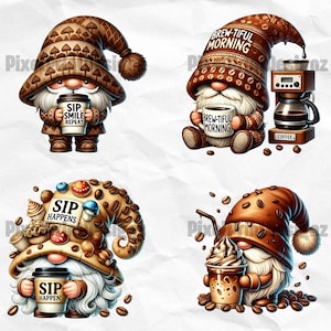 Op de afbeelding: Vier illustraties van gnomen met koffie-thema hoeden en mokken. De gnomen houden mokken vast met tekst die "Sip Smile Repeat", "Brew-tiful Morning", "Sip Happens" en "Sip Happens" luidt. Een gnome houdt een koffiepot vast.