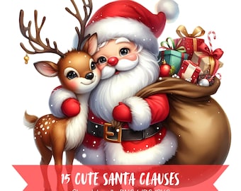 Cute Santa Claus Clipart Bundle, Watercolor Images, Adorable High Quality Art, Commercial Use Digital Pack Download, 15 PNG, JPG, SVG