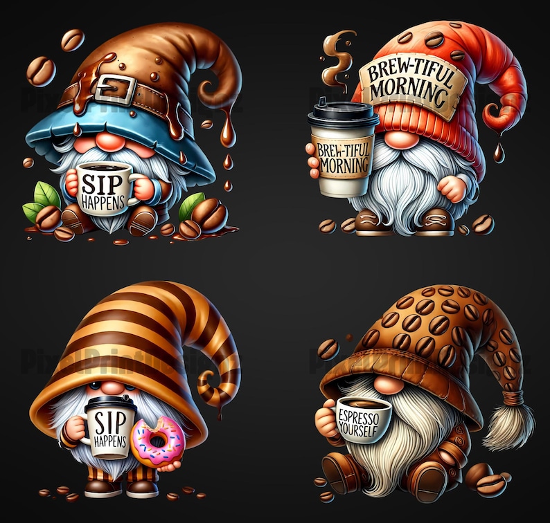 Op de afbeelding: Vier gnomen met verschillende koffie-thema hoeden en mokken. De eerste gnome heeft een bruine hoed met een druppel chocolade, en houdt een mok vast met de tekst "Sip Happens". De tweede gnome heeft een rode hoed met de tekst "Brew-tiful Morning" en houdt een mok vast met dezelfde tekst. De derde gnome heeft een gestreepte bruine en gele hoed en houdt een mok vast met de tekst "Sip Happens" en een roze donut. De vierde gnome heeft een bruine hoed met koffiebonen en houdt een mok vast met de tekst "Espresso Yourself".