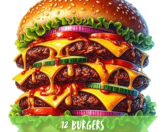 Burger Clipart Bundle, Watercolor High Detail Cheeseburger Graphics, Transparent Background Fast Food Images, 300 DPI Junk Food Digital Art