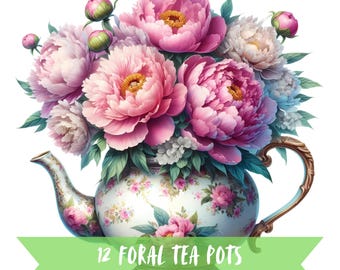 Floral Teapot Clipart Bundle, Flower Watercolor Style Graphics, 300 DPI Sunflower Images, 4096x4096 High Quality Rose Digital Art PNG SVG
