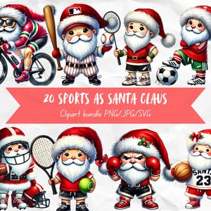 May include: 20 different sports-themed illustrations of Father Christmas. Each illustration features Father Christmas dressed in a different sports uniform, including baseball, basketball, football, soccer, and cycling. The illustrations are colourful and whimsical, and they would be perfect for use in holiday crafts, greeting cards, or other festive projects.
