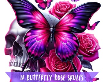 Butterfly Rose Skulls Clipart Bundle, Watercolor Gothic Graphics, Transparent Background 300 DPI Images, Neon Vibrant Goth Digital Art PNG