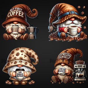 Op de afbeelding: Vier gnomes met koffiemokken en koffie-thema hoeden. De gnomes zitten op een achtergrond van koffiebonen. De tekst op de mokken is "Coffee", "Sip, Smile, Repeat", en "Espresso Yourself". De tekst op de hoeden is "But First Coffee" en "Espresso Yourself".
