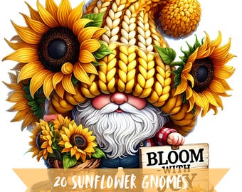 Cute Sunflower Gnomes Clipart Bundle, Transparent Background Summer Graphic, Watercolor 300 DPI Floral Images, Yellow Spring Digital Art PNG