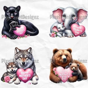 Mothers Day Exotic Animal Clipart Bundle, Cute Mom and Baby Graphic ...
