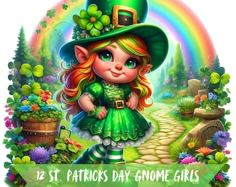 St Patricks Day Gnome Girls Clipart Bundle St Patricks Day Clipart Cute Leprechaun Saint Patricks Graphic Girl Gnome St Patricks PNG SVG