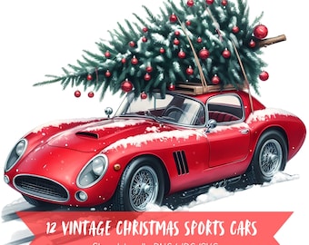 Vintage Xmas Sports Cars Clipart Bundle, Watercolor Images, Transparent Background, Digital Download, For Gift Card, Commercial Use