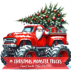Weihnachten Monstertrucks Clip Art Bundle, Aquarell Bilder, transparenten Hintergrund, digitaler Download, für Geschenkkarte, kommerzielle Nutzung