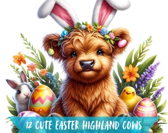 Highland Cow Easter Clipart Animal Cute Easter Clipart Watercolor Highland Cow PNG Watercolor Easter Clipart Cute Animal Easter Clip Art SVG