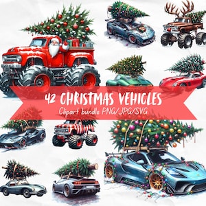 42 Mega Weihnachten Fahrzeuge Clipart Bundle, Aquarell Sportwagen Bilder, coole Monstertruck Digital Download, Vintage Sportwagen Clip Art