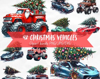 42 Mega Christmas Vehicles Clipart Bundle, Watercolor Sports Cars Images, Cool Monster Truck Digital Download, Vintage Sports Cars Clip Art