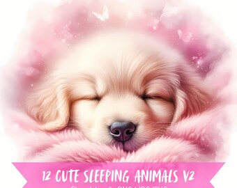 Cute Sleeping Animals Clipart Bundle, Adorable Dreaming Graphics, 300 DPI Baby Animal Images, Pink Dreamy Sleeping Dog Digital Art