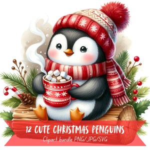 Könnte beinhalten: Ein niedlicher Cartoon-Pinguin mit roter und weißer Mütze und Schal, der eine rote Tasse heiße Schokolade mit Marshmallows hält. Der Pinguin sitzt auf einem Baumstamm mit Weihnachtsdekorationen. Der Text "12 Cute Christmas Penguins" ist enthalten.