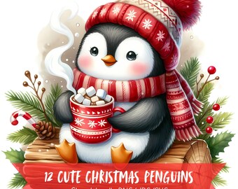 Cute Christmas Penguins Clipart Bundle, Watercolor Images, Merry Christmas High Quality Art, Commercial Use Digital Pack