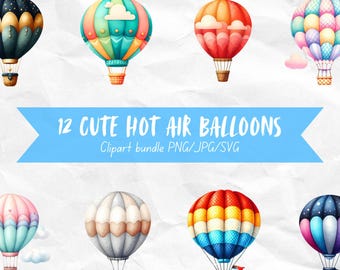 Cute Hot Air Balloon Clipart Bundle, Watercolor Style Graphics, Simplistic Design 300 DPI Images, Transparent Background Digital Art PNG SVG
