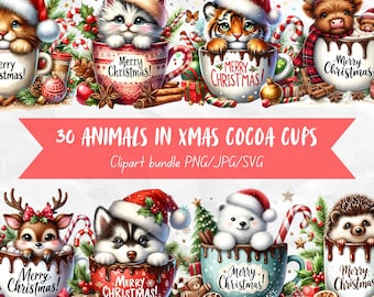 30 PNG Animals In Xmas Coca Cups Clipart Bundle, Watercolor Images, Merry Christmas Clip Art, Cute Animal Pack, Coffee Tea Digital Download