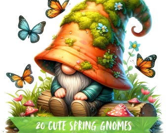 Cute Spring Gnomes Clipart Bundle, Nature Gnome Watercolor Graphics, Transparent Background Floral Images, Vibrant Outdoor Digital Art PNG