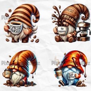 Op de afbeelding: Vier gnomes met koffiemokken en koffie-gerelateerde spreuken. De gnomes dragen bruine, oranje en rode hoeden. De gnomes zitten op een witte achtergrond met koffiebonen die eromheen zijn verspreid. De spreuken op de mokken zijn "Espresso Yourself", "Sip Happens" en "Sip Happens".